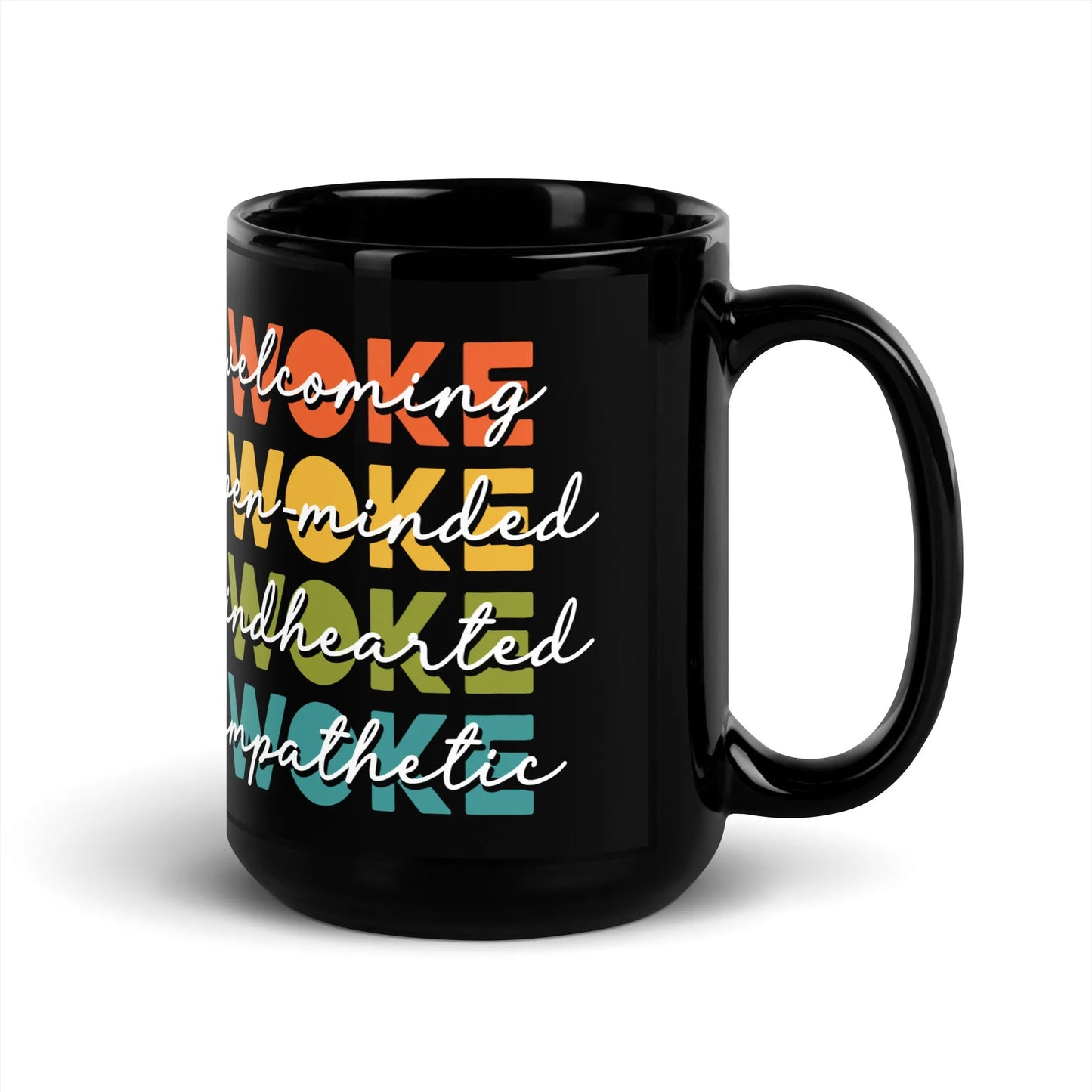 WOKE Black Ceramic Coffee Mug, LGBTQ Pride, Anne Lesniak, Inclusive, Rebel Girl Rampage 