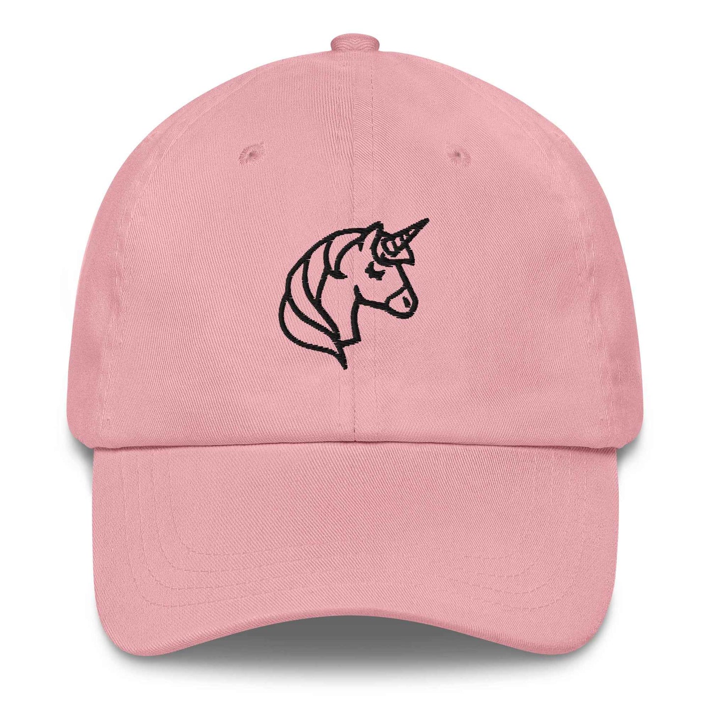 Pink buckle back baseball cap with an embroidered black unicorn logo on a white background. Whimsical Dad hats from Rebel Girl Rampage 