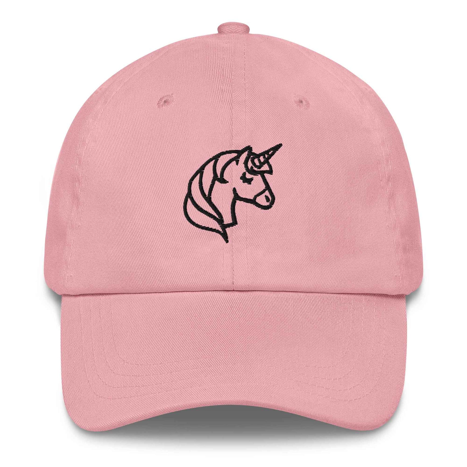 Pink buckle back baseball cap with an embroidered black unicorn logo on a white background. Whimsical Dad hats from Rebel Girl Rampage 