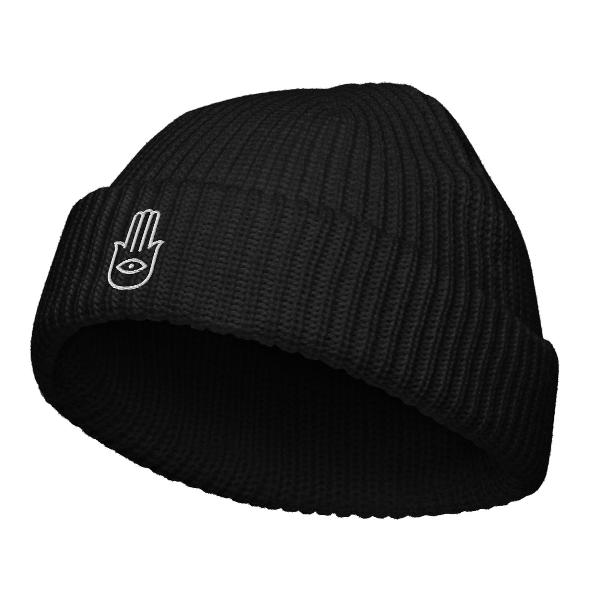 Black wide knit winter fisherman beanie embroidered with a Hamsa or Evil Eye Protection symbol  from Rebel Girl Rampage 
