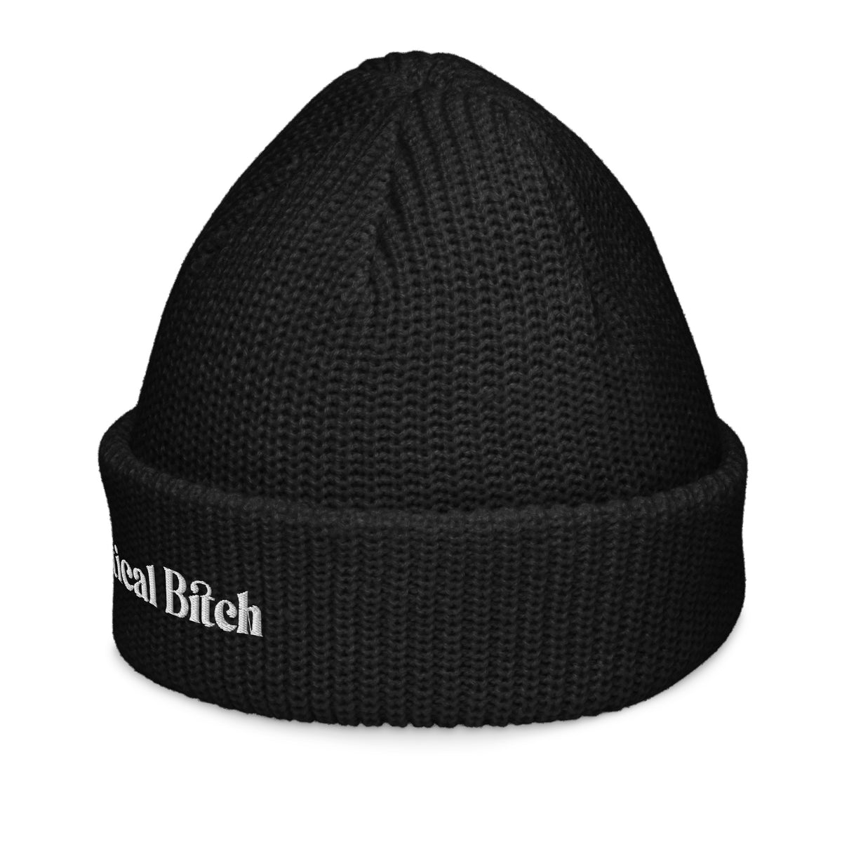 A black fisherman Beanie embroidered with the words Mystical Bitch by Rebel Girl Rampage 