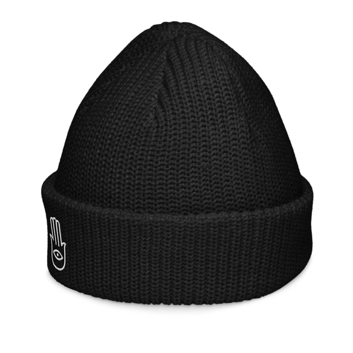 Black wide knit winter fisherman beanie embroidered with a Hamsa or Evil Eye Protection symbol  from Rebel Girl Rampage 