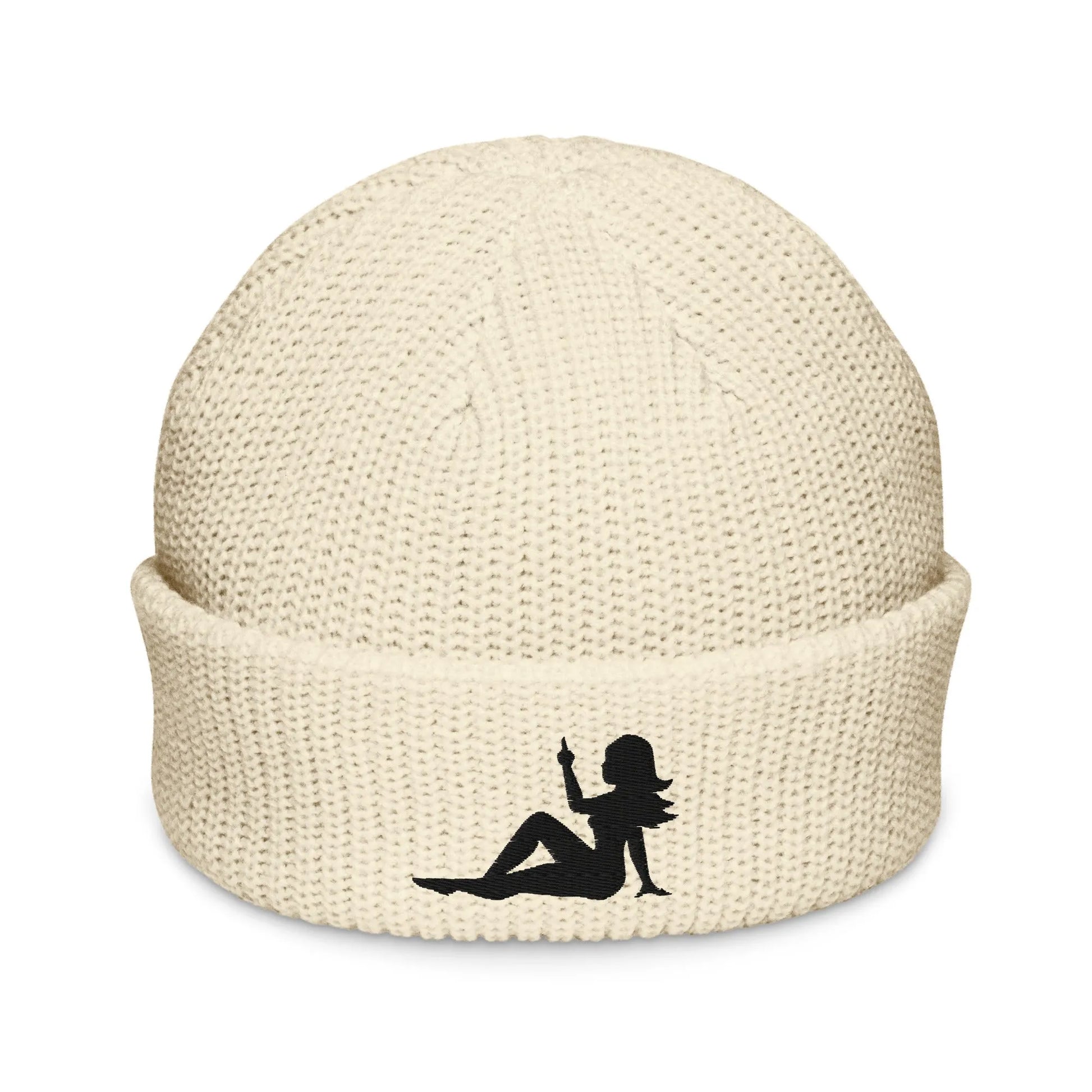 Mud Flap Chick Middle Finger Embroidered Knit Fisherman Beanie. Girl Power Winter hats by Rebel Girl Rampage