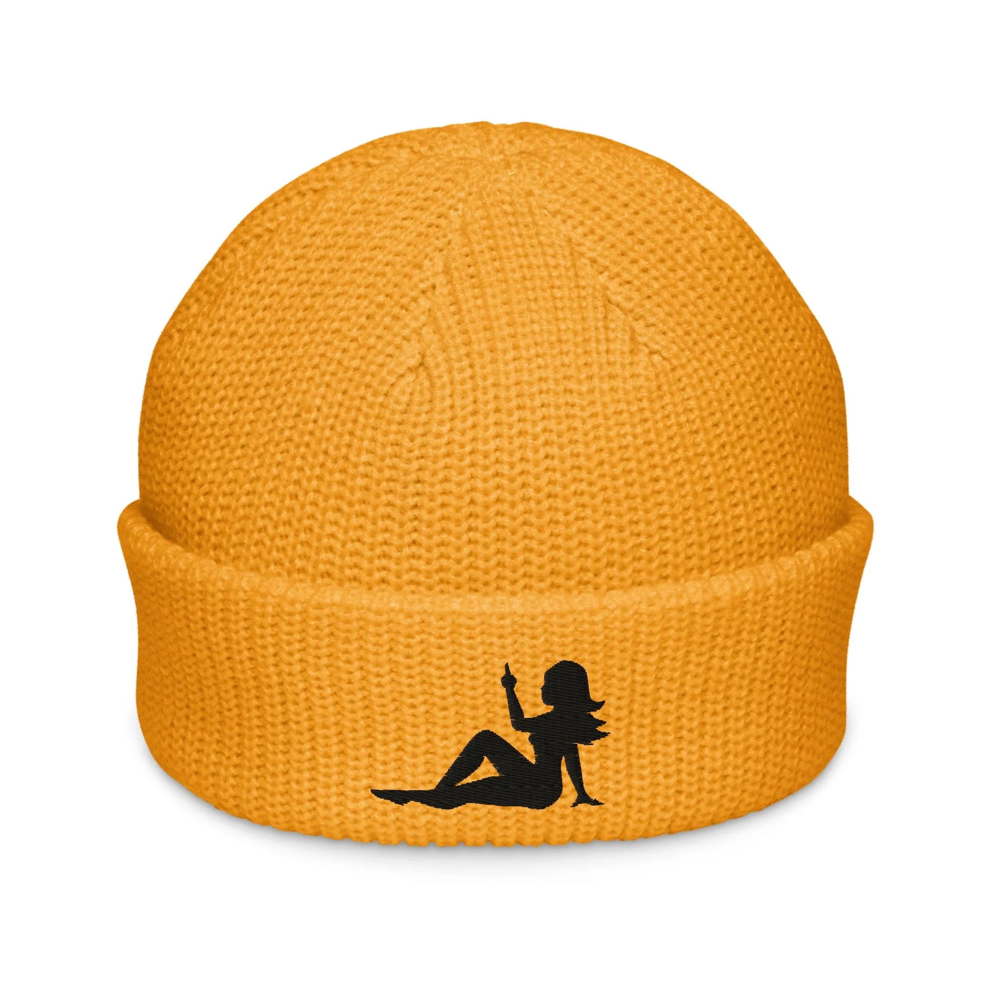 Mud Flap Chick Middle Finger Embroidered Knit Fisherman Beanie. Girl Power Winter hats by Rebel Girl Rampage