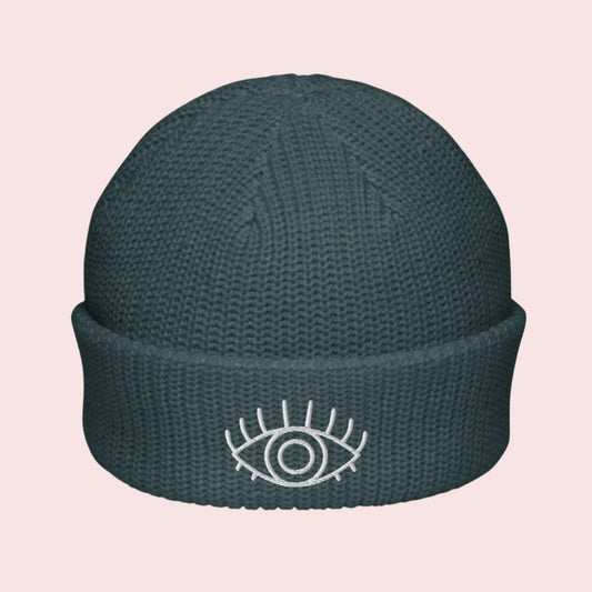 Third Eye Evil Eye Protection Embroidered Fisherman Beanie Loose Knit Winter Hat Rebel Girl Rampage