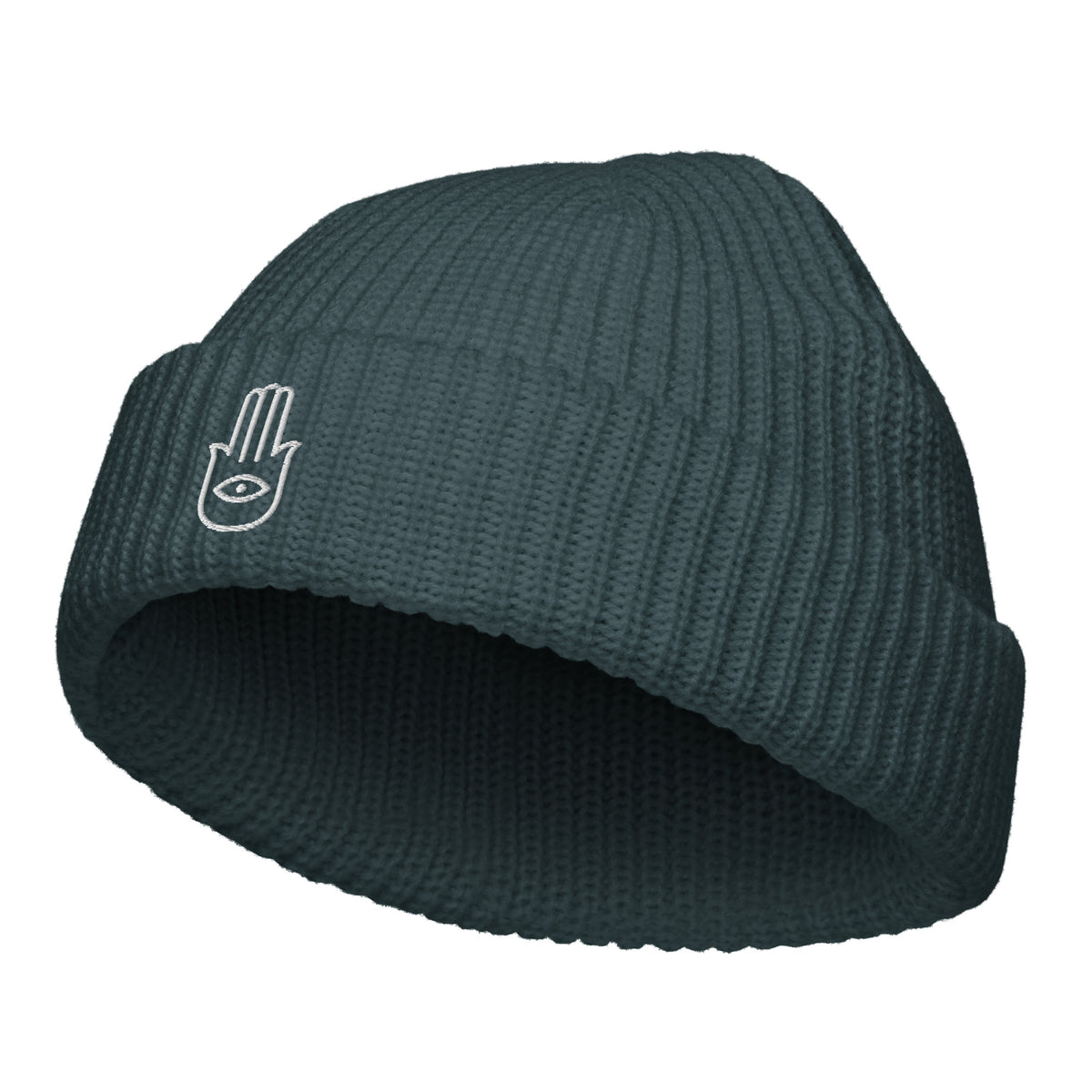 petrol Green wide knit winter fisherman beanie embroidered with a Hamsa or Evil Eye Protection symbol  from Rebel Girl Rampage 