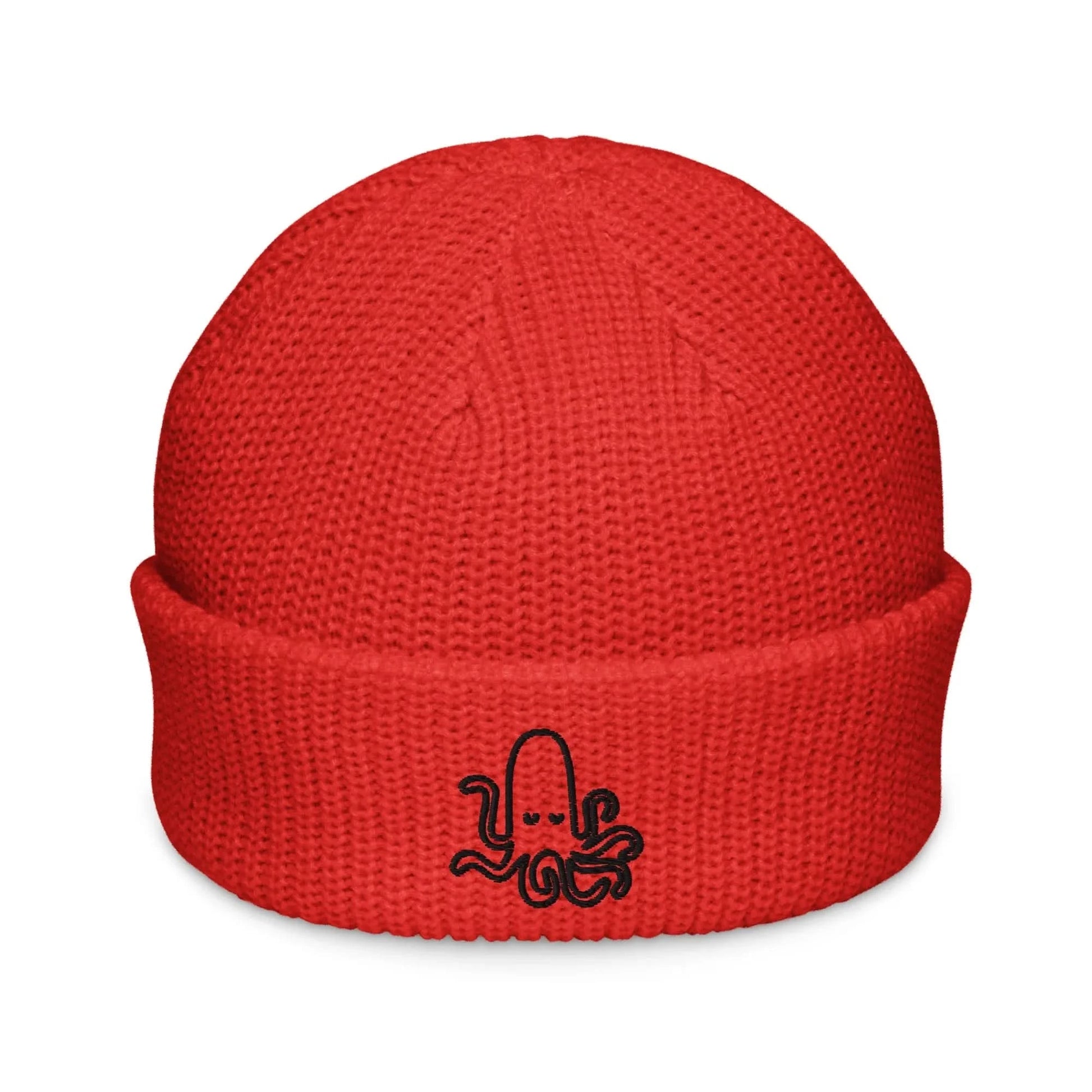 Cool cute octopus graphic on a red beanie, perfect for fall whimsy, Rebel Girl Rampage