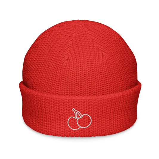 Cherries embroidered on a bright red cozy beanie perfect for colder weather, Rebel Girl Rampage