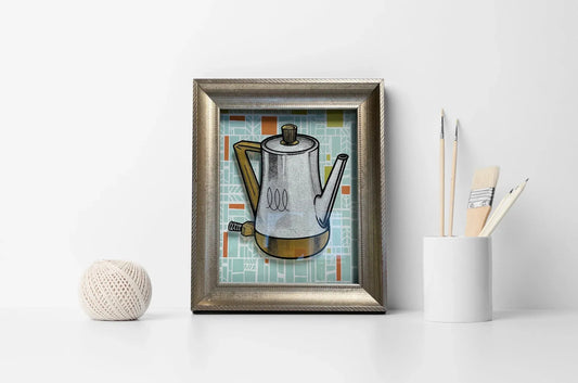 Vintage Coffee Percolator pop art reverse glass silkscreen mid century retro original up cycled shadow box frame coffee pot art on french paper by nerdmonger at rebel girl rampage