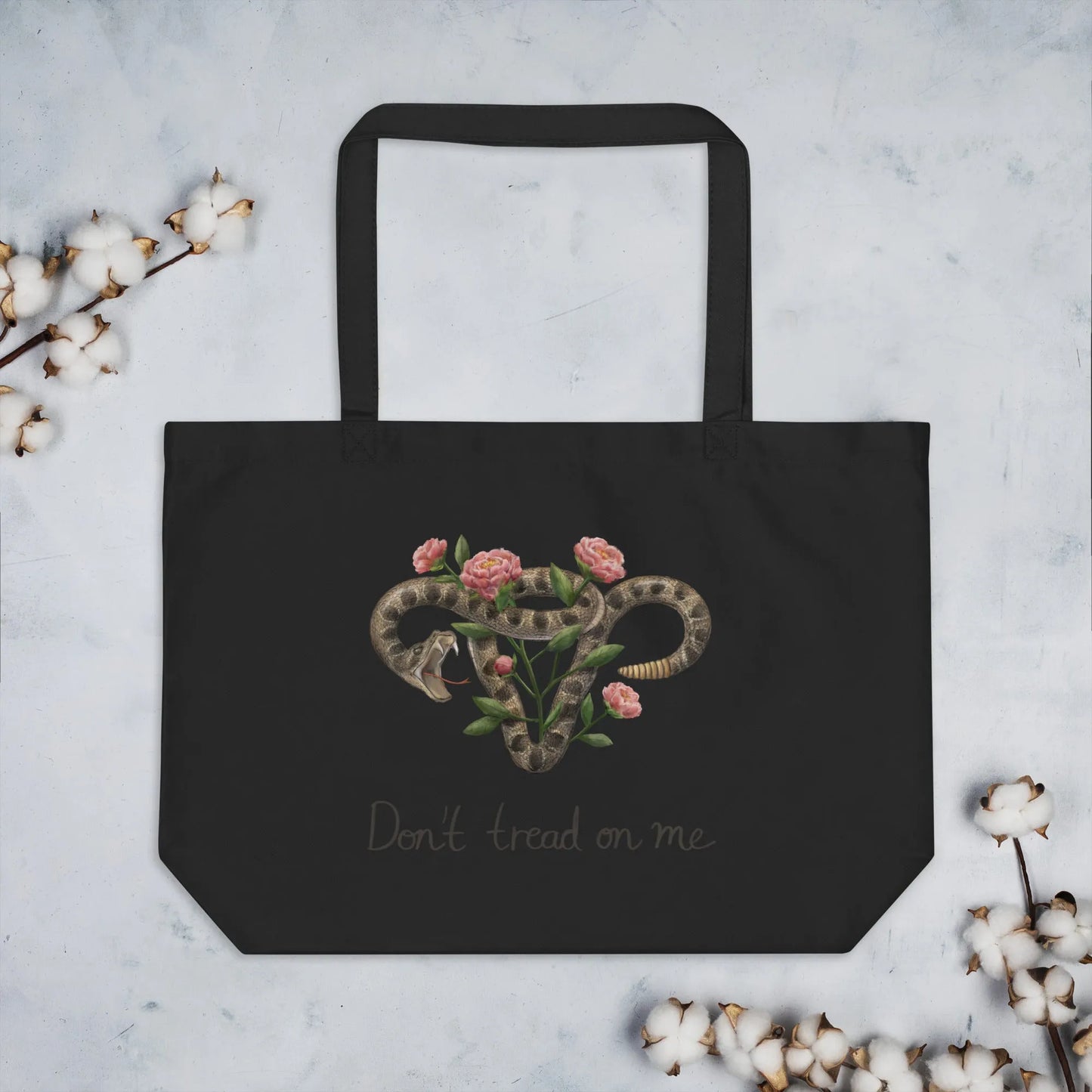 Don’t Tread On Me Uterus with Flowers Feminist rattlesnakes and roses pro abortion rights art Reusable Shopping market tote bag  Rebel Girl Rampage