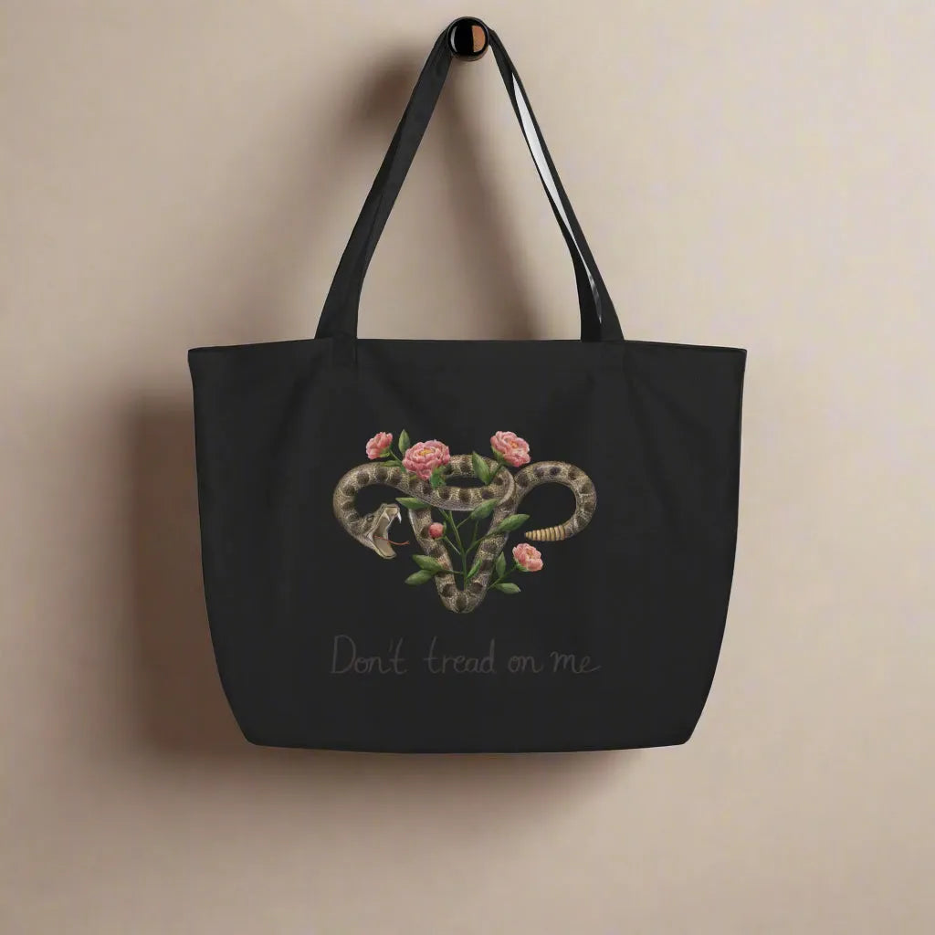 Don’t Tread On Me Uterus with Flowers Feminist rattlesnakes and roses pro abortion rights art Reusable Shopping market tote bag  Rebel Girl Rampage