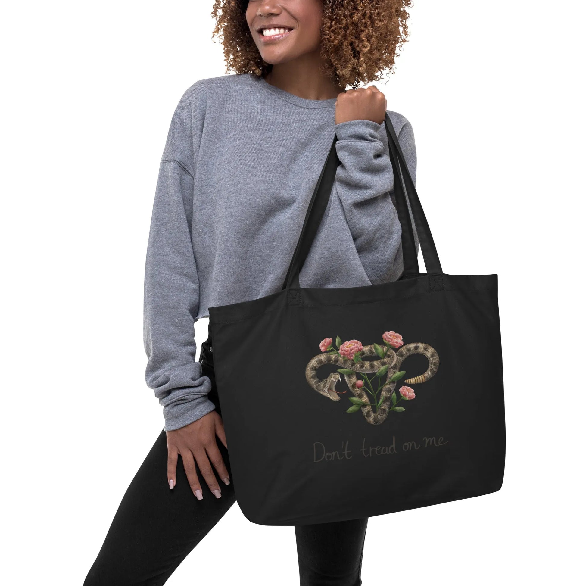 Don’t Tread On Me Uterus with Flowers Feminist rattlesnakes and roses pro abortion rights art Reusable Shopping market tote bag  Rebel Girl Rampage