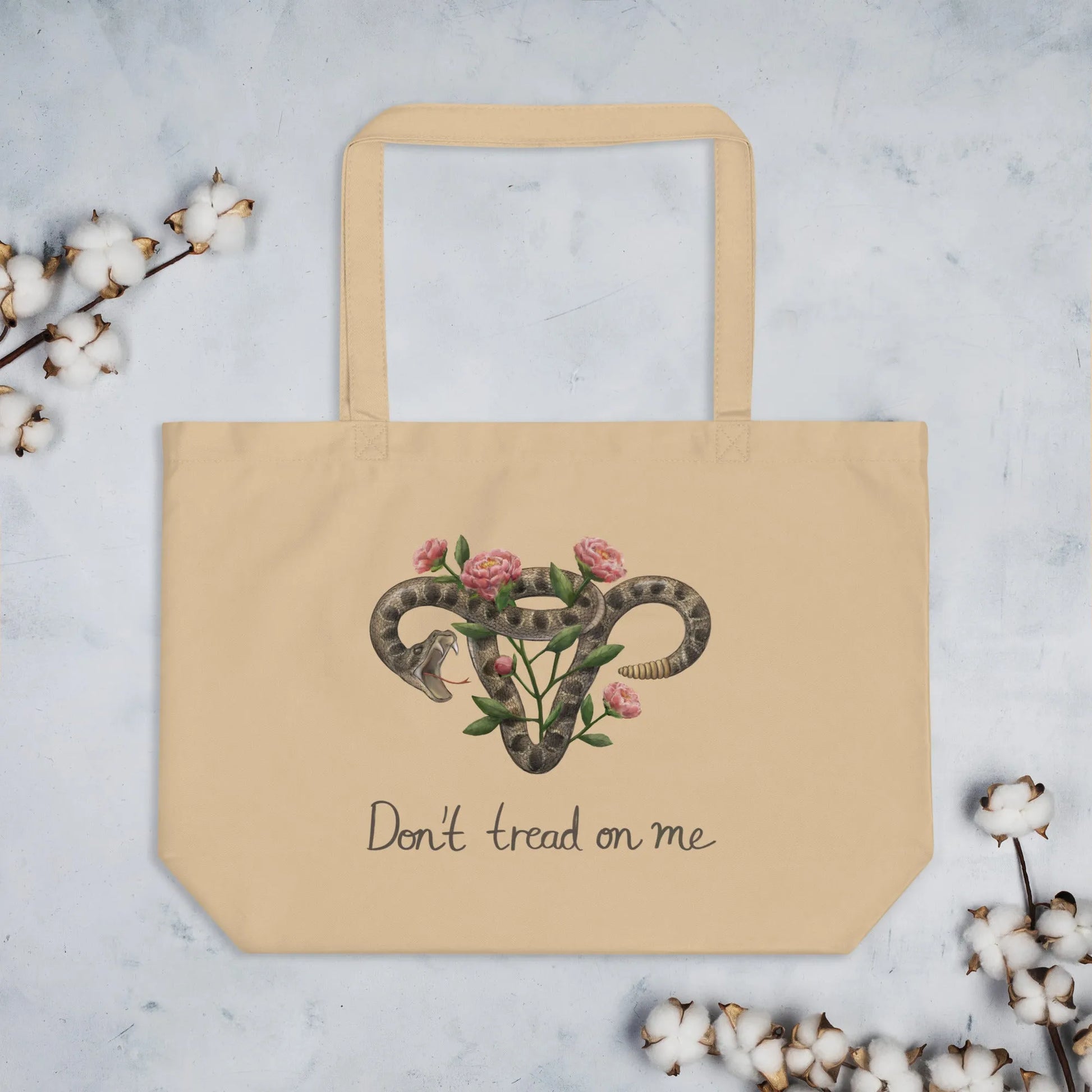 Don’t Tread On Me Uterus with Flowers Feminist rattlesnakes and roses women’s abortion rights art Reusable Shopping market tote bag  Rebel Girl Rampage