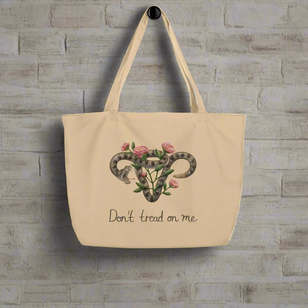 Don’t Tread On Me Uterus with Flowers Feminist rattlesnakes and roses pro abortion rights art Reusable Shopping market tote bag  Rebel Girl Rampage