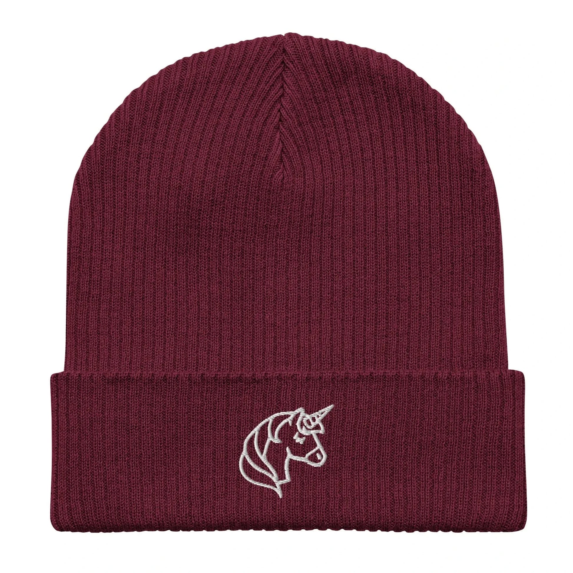 Embroidered unicorn art on an organic beanie, whimsical, magical, fun, Rebel Girl Rampage