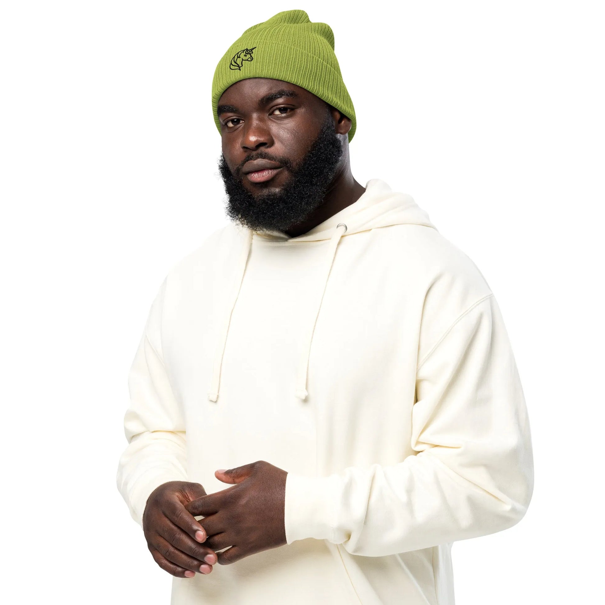 Embroidered unicorn art on an organic beanie, whimsical, magical, fun, Rebel Girl Rampage