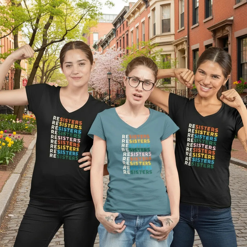Three women wearing t-shirts with 'RESISTERS' text in different colors on a city street background. Sisterhood feminist art, Anne Lesniak, Rebel Girl Rampage 