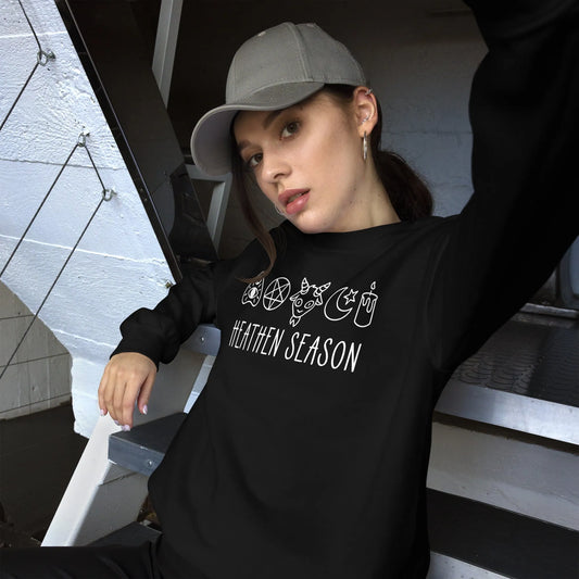 Heathen Season witchy spooky fall autumn graphic with a ouija board, pentacle, goat head, moon, star and candle on a black unisex crewneck sweatshirt, halloween vibes, spooky season, Rebel Girl Rampage