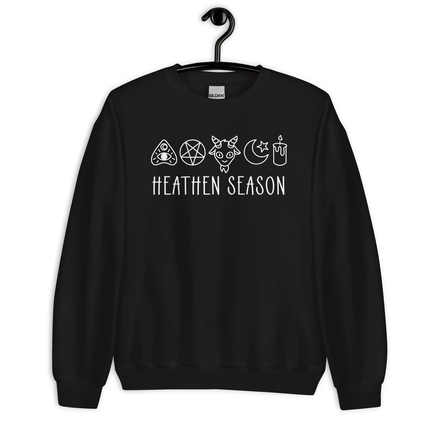 Heathen Season witchy spooky fall autumn graphic with a ouija board, pentacle, goat head, moon, star and candle on a black unisex crewneck sweatshirt, halloween vibes, spooky season, Rebel Girl Rampage