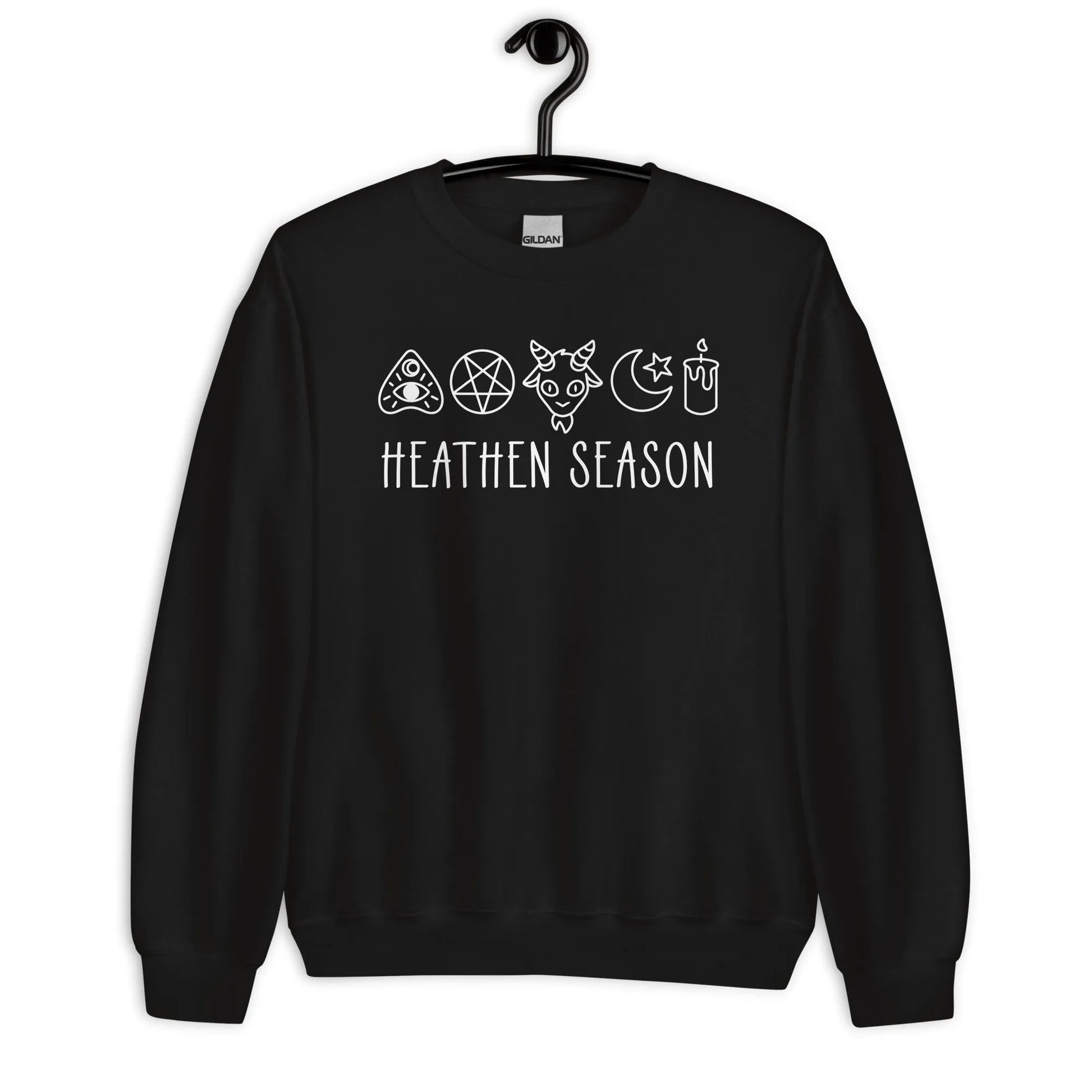 Heathen Season witchy spooky fall autumn graphic with a ouija board, pentacle, goat head, moon, star and candle on a black unisex crewneck sweatshirt, halloween vibes, spooky season, Rebel Girl Rampage