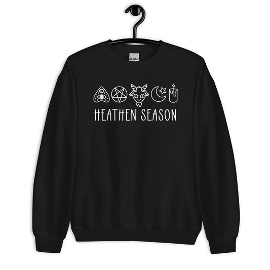 Heathen Season witchy spooky fall autumn graphic with a ouija board, pentacle, goat head, moon, star and candle on a black unisex crewneck sweatshirt, halloween vibes, spooky season, Rebel Girl Rampage