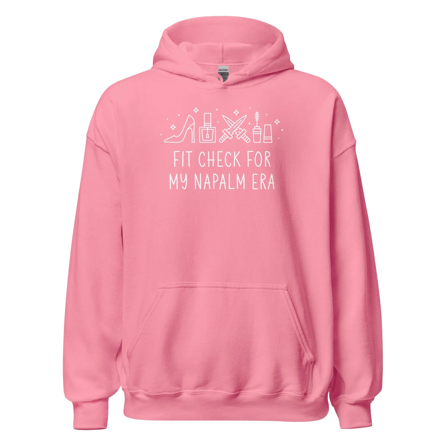 Kpop Demon Hunters Fit Check for My Napalm Era graphic with makeup, heels and swords on a pink unisex hoodie, Rebel Girl Rampage