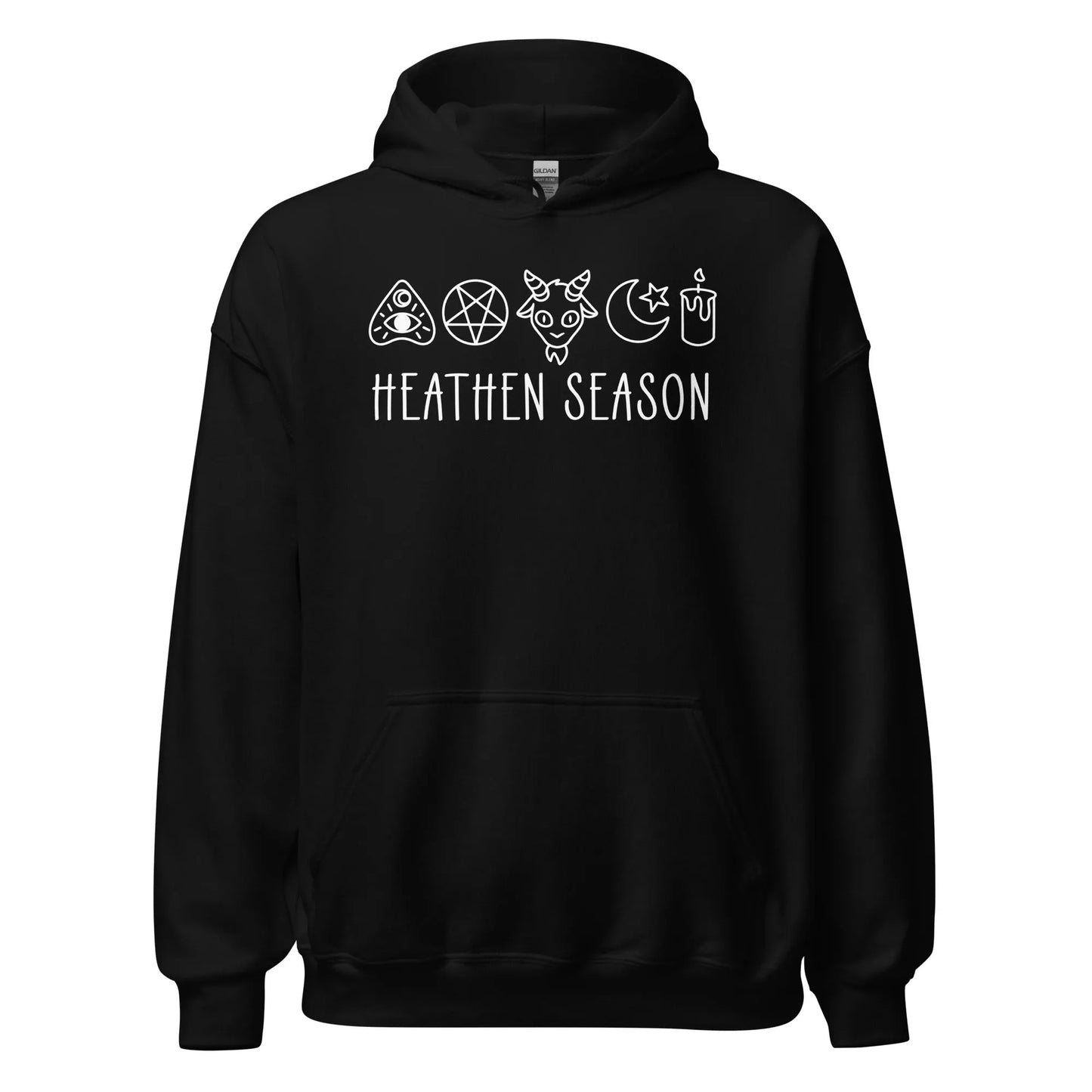 Heathen Season witchy spooky fall autumn graphic with a ouija board, pentacle, goat head, moon, star and candle on a black unisex hoodie, halloween vibes, spooky season, Rebel Girl Rampage