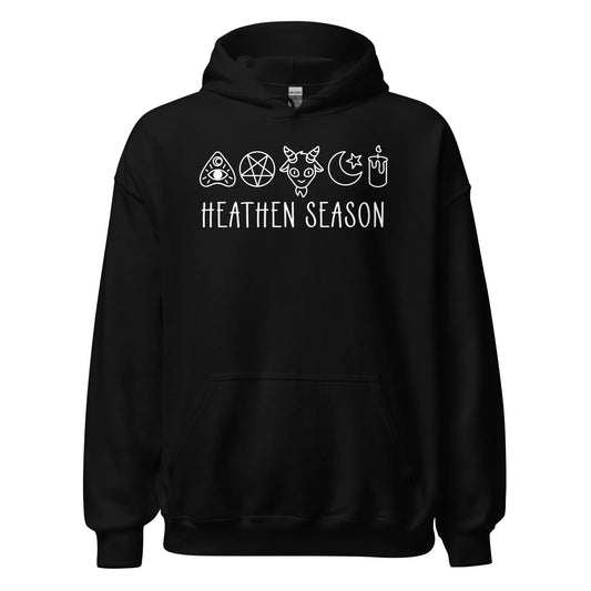 Heathen Season witchy spooky fall autumn graphic with a ouija board, pentacle, goat head, moon, star and candle on a black unisex hoodie, halloween vibes, spooky season, Rebel Girl Rampage