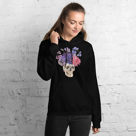 Skull graphic with beautiful pink and purple flowers on a black hoodie, macabre, beautiful, nature, witchy, floral, spooky season, Rebel Girl Rampage