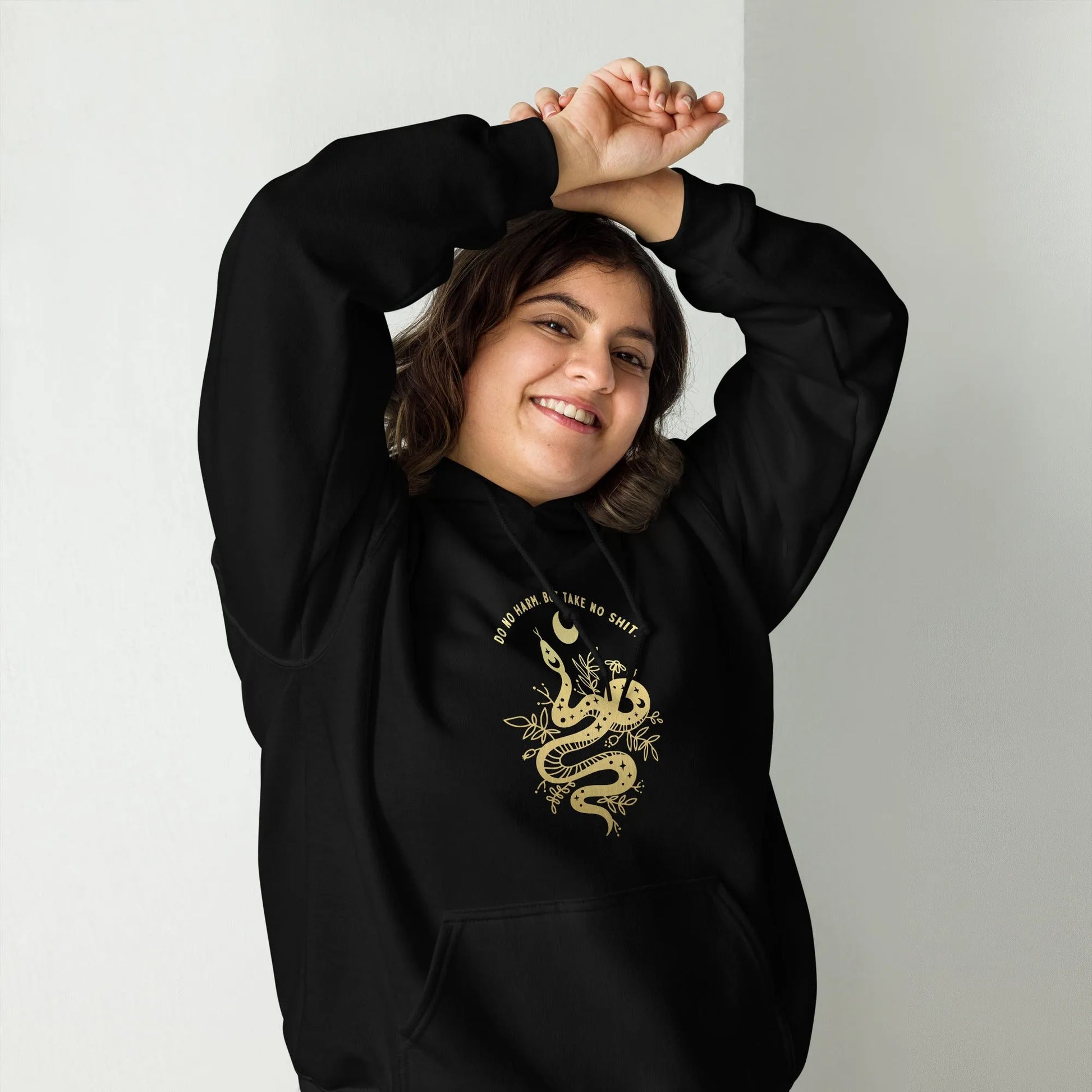 Do no harm, but take no shit gold snake with stars graphic hoodie, sassy, empowered, bold, fun, Rebel Girl Rampage