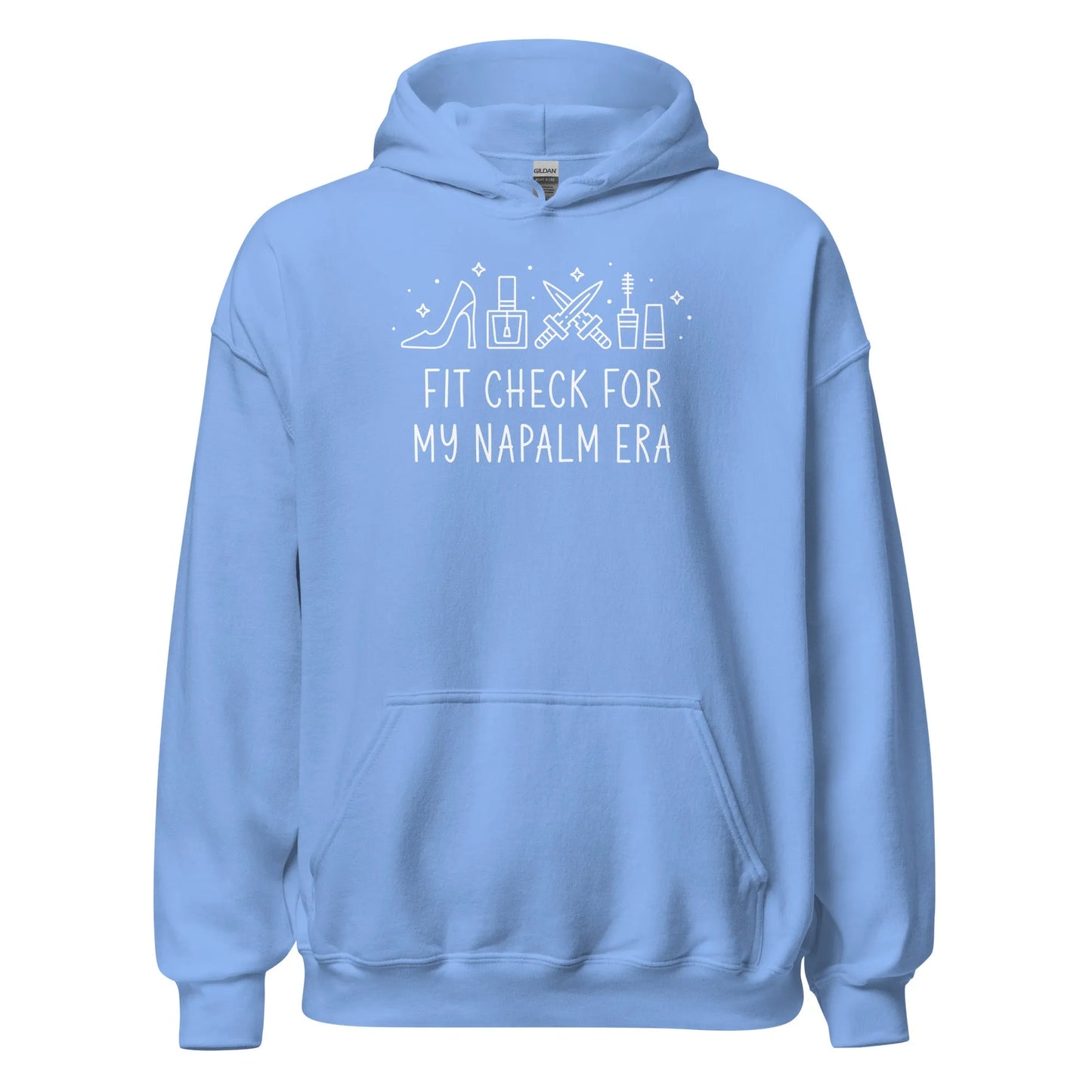 Kpop Demon Hunters Fit Check for My Napalm Era graphic with makeup, heels and swords on a sky baby blue unisex hoodie, Rebel Girl Rampage