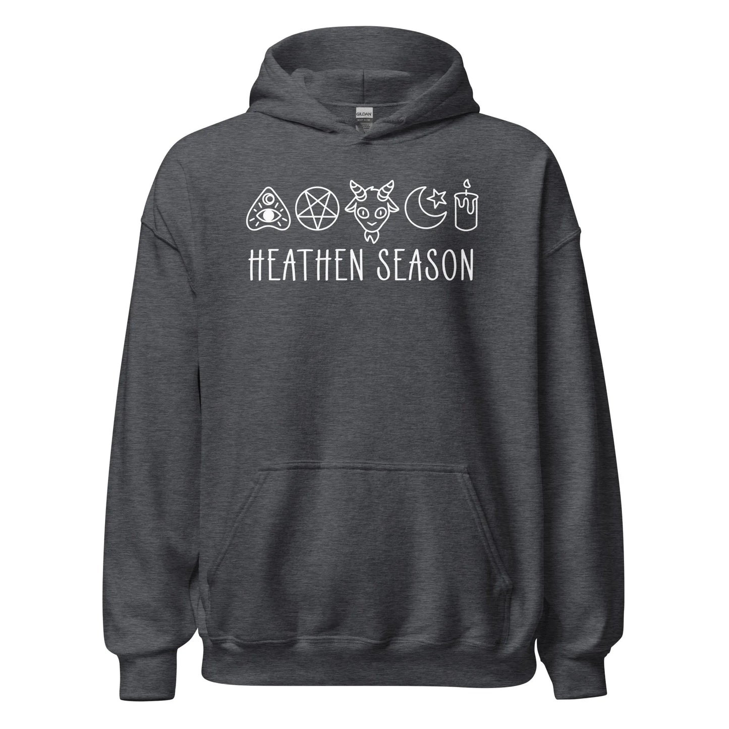 Heathen Season witchy spooky fall autumn graphic with a ouija board, pentacle, goat head, moon, star and candle on a grey unisex hoodie, halloween vibes, spooky season, Rebel Girl Rampage