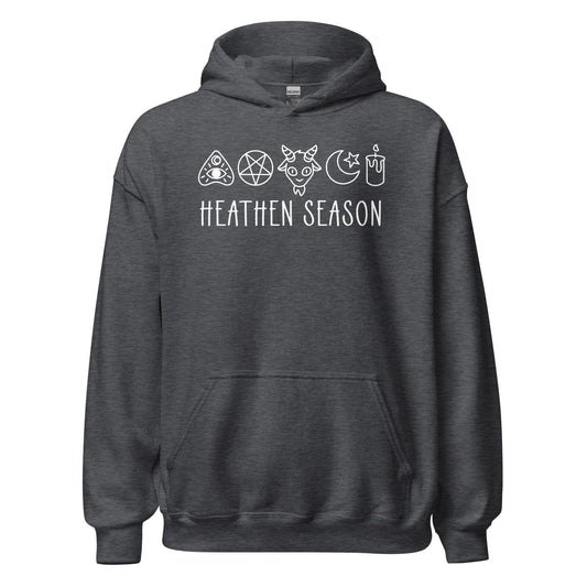 Heathen Season witchy spooky fall autumn graphic with a ouija board, pentacle, goat head, moon, star and candle on a grey unisex hoodie, halloween vibes, spooky season, Rebel Girl Rampage
