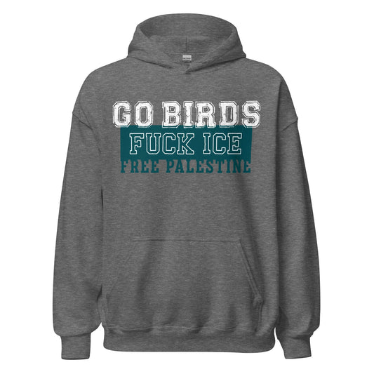 Go Birds, Fuck ICE, Free Palestine white and turquoise graphic on a  grey hoodie, Rebel Girl Rampage, $5 per piece sold is donated to CHOP-Children's Hospital of Philadelphia.