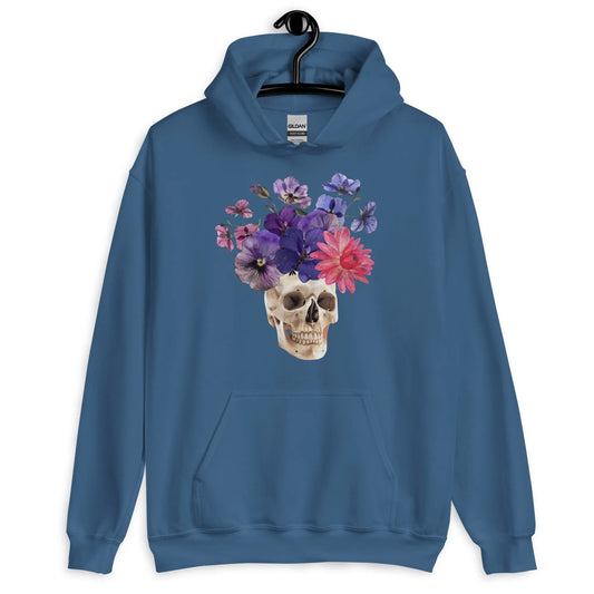 Skull graphic with beautiful pink and purple flowers on a blue hoodie, macabre, beautiful, nature, witchy, floral, spooky season, Rebel Girl Rampage