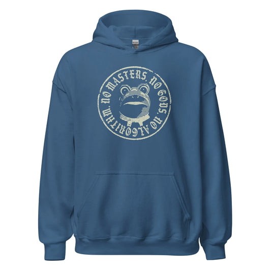 No Masters No Gods Frog unisex hoodie, Graphic of the portland antifa frog on a blue  hoodie, Anne Lesniak, Rebel Girl Rampage 