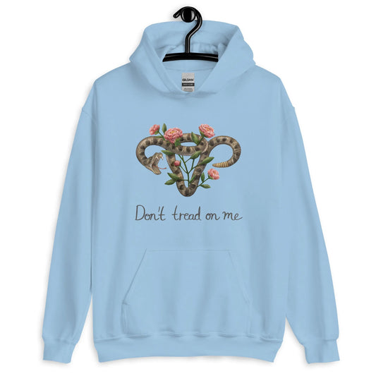 Don’t Tread On Me Uterus with Flowers unisex feminist pro choice women’s rights hoodie, Rattlesnakes and Roses, Light blue abortion rights sweatshirt Rebel Girl Rampage 
