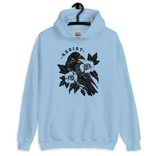 Resist Crow Blue Unisex Hoodie, Witchy Halloween vibes, Raven with flowers, Rebel Girl Rampage 