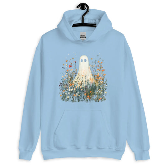 Cute ghost graphic in a field of flowers and foliage on a baby blue unisex hoodie, spooky season, cute, Rebel Girl Rampage