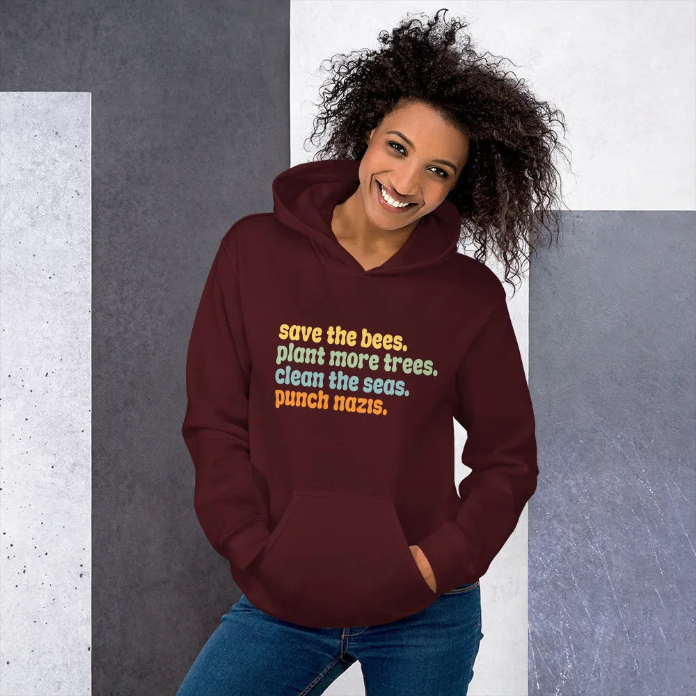 Bee’s, Trees, Seas & Punch Nazi’s Unisex Hoodie, Anti Racist Sweatshirt, BLM, Save The Earth, Rebel Girl Rampage