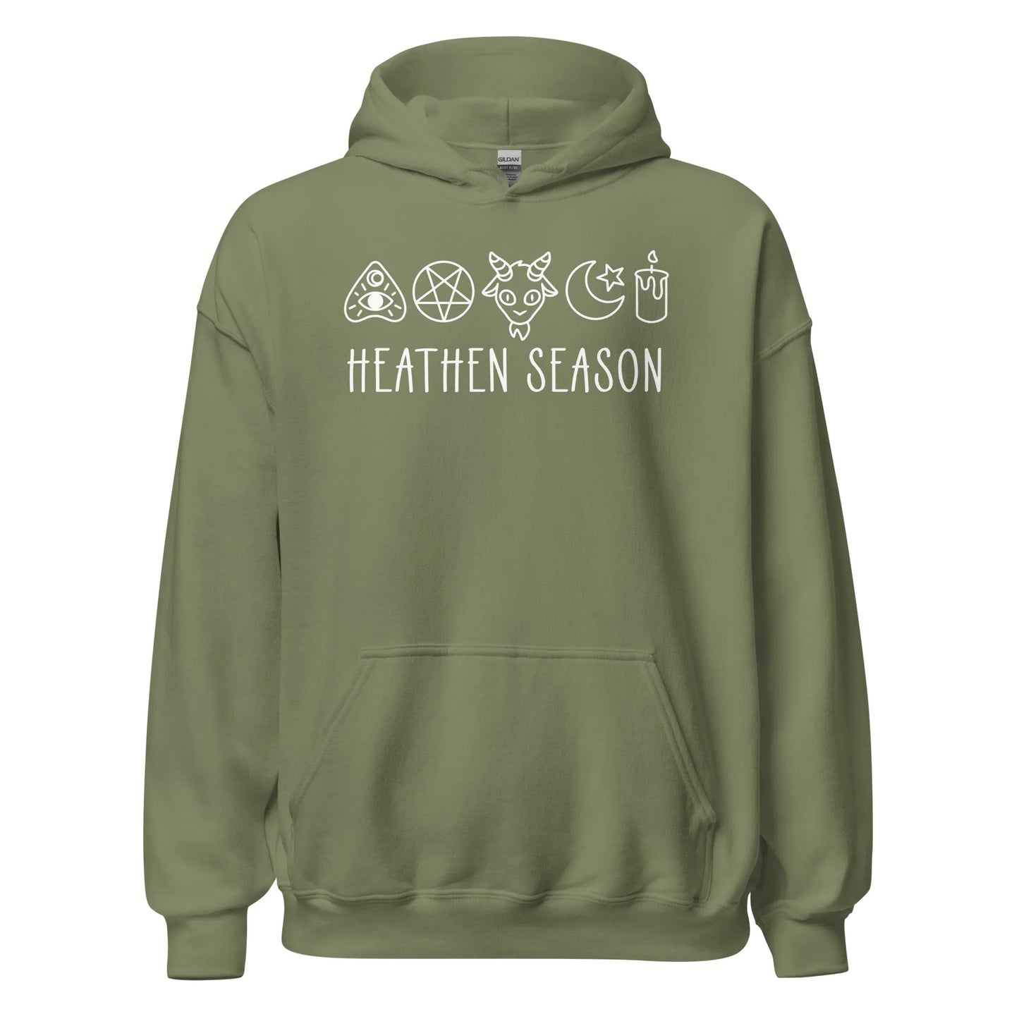 Heathen Season witchy spooky fall autumn graphic with a ouija board, pentacle, goat head, moon, star and candle on a green unisex hoodie, halloween vibes, spooky season, Rebel Girl Rampage