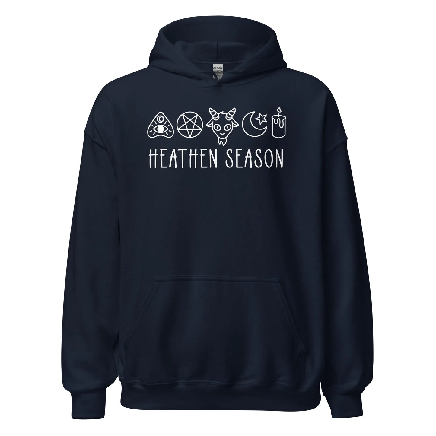 Heathen Season witchy spooky fall autumn graphic with a ouija board, pentacle, goat head, moon, star and candle on a navy unisex hoodie, halloween vibes, spooky season, Rebel Girl Rampage