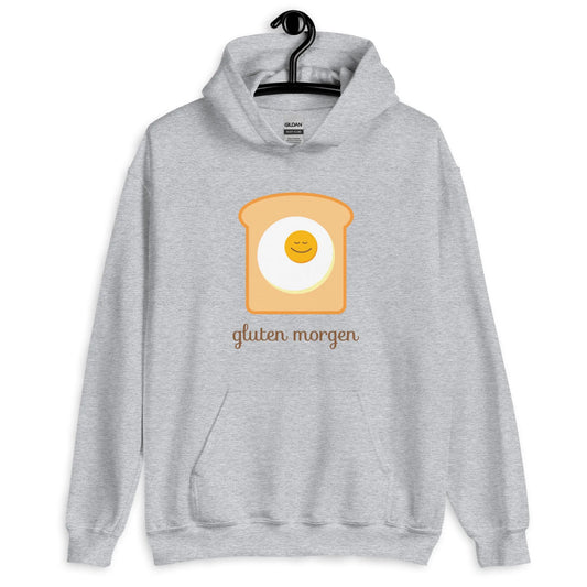 "gluten morgen" funny gluten lover and gluten free hoodie with a picture of a piece toast and an egg with a smiley face, Rebel Girl RampageRampage
