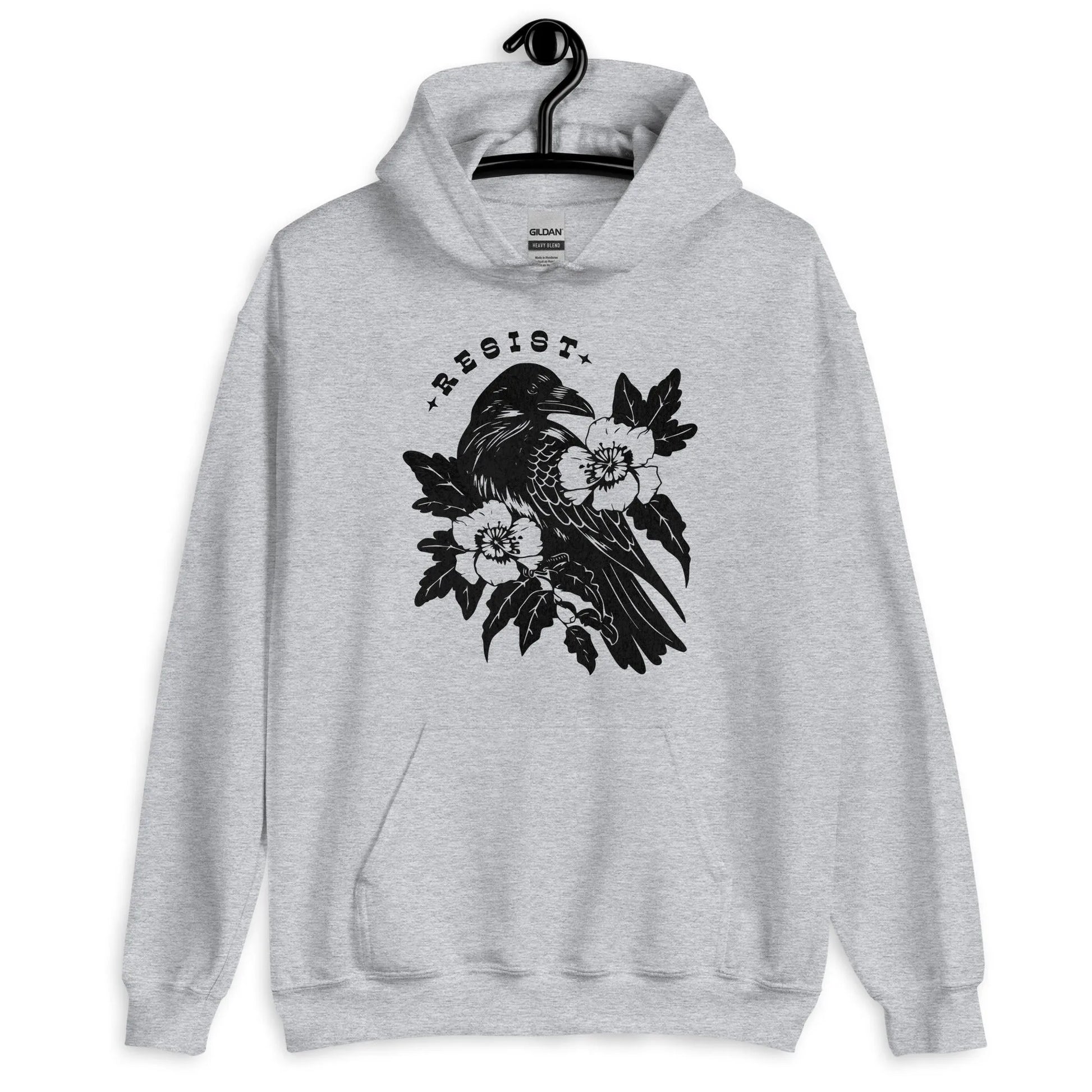 Resist Crow Grey Unisex Hoodie, Witchy Halloween vibes, Raven with flowers, Rebel Girl Rampage 