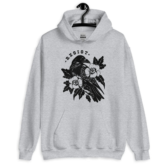 Resist Crow Grey Unisex Hoodie, Witchy Halloween vibes, Raven with flowers, Rebel Girl Rampage 