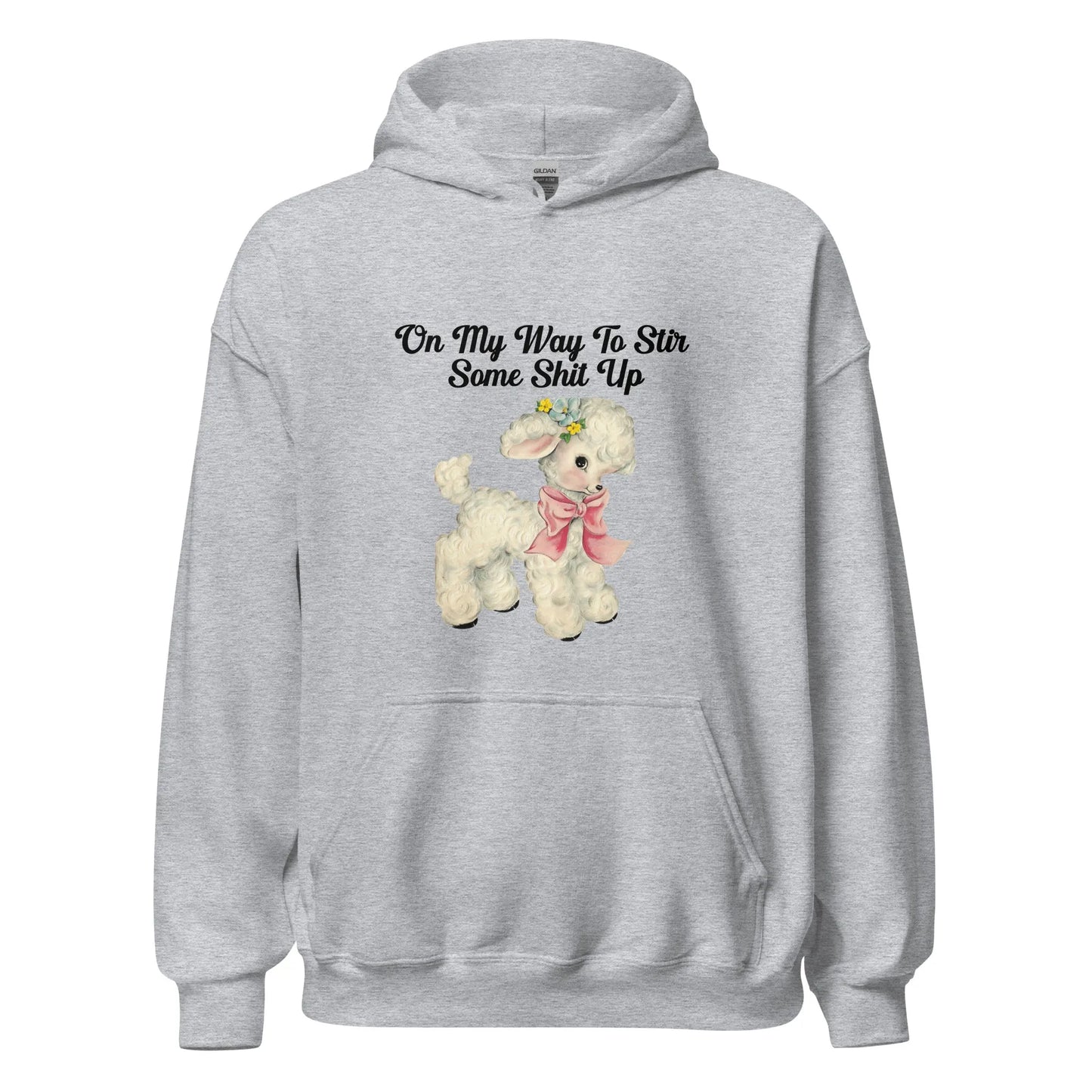 Stir It Up Unisex athletic heather grey  Hoodie that says, "On my way to stir some shit up" with a cute design of a lamb wearing a pink scarf, Rebel Girl Rampage 