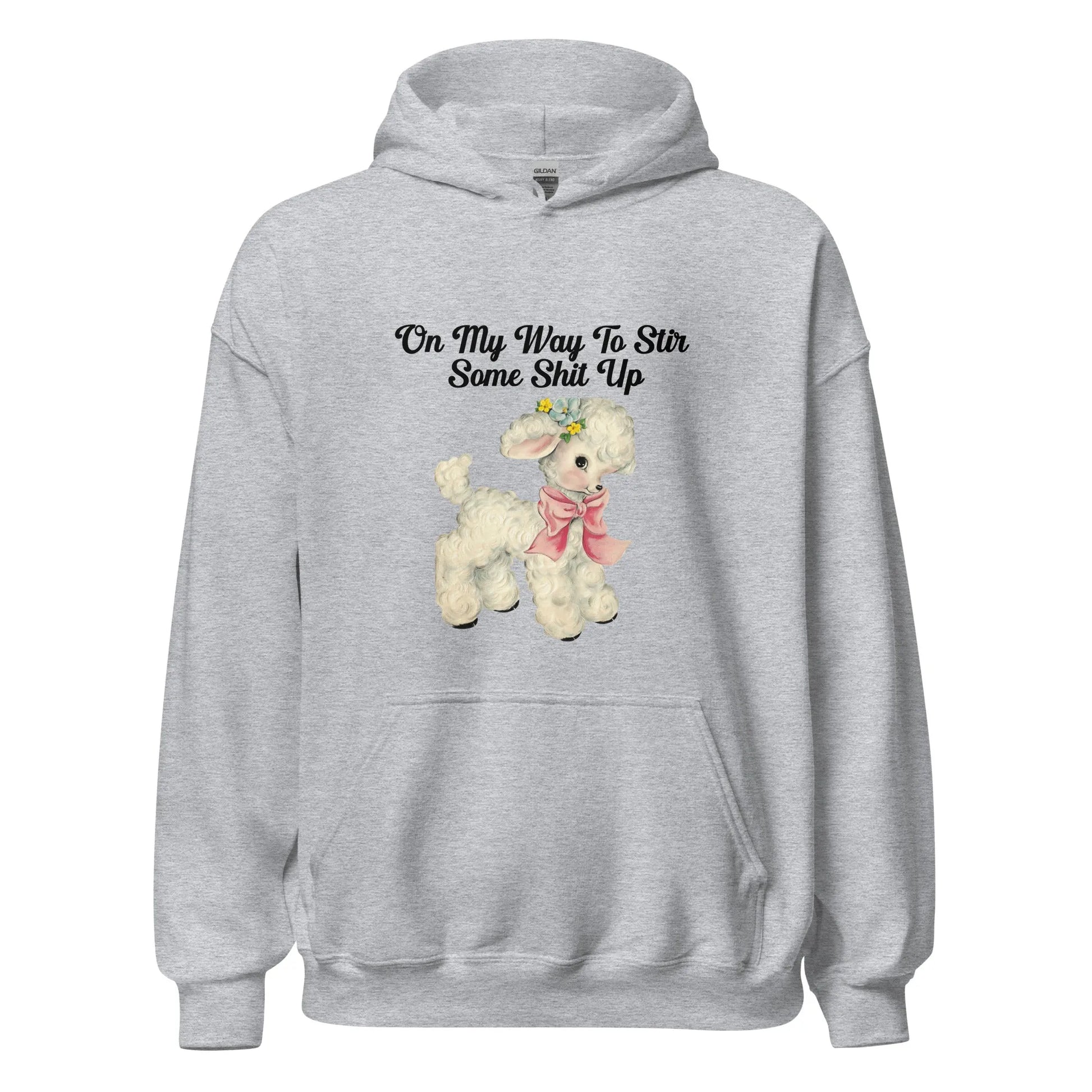 Stir It Up Unisex athletic heather grey  Hoodie that says, "On my way to stir some shit up" with a cute design of a lamb wearing a pink scarf, Rebel Girl Rampage 