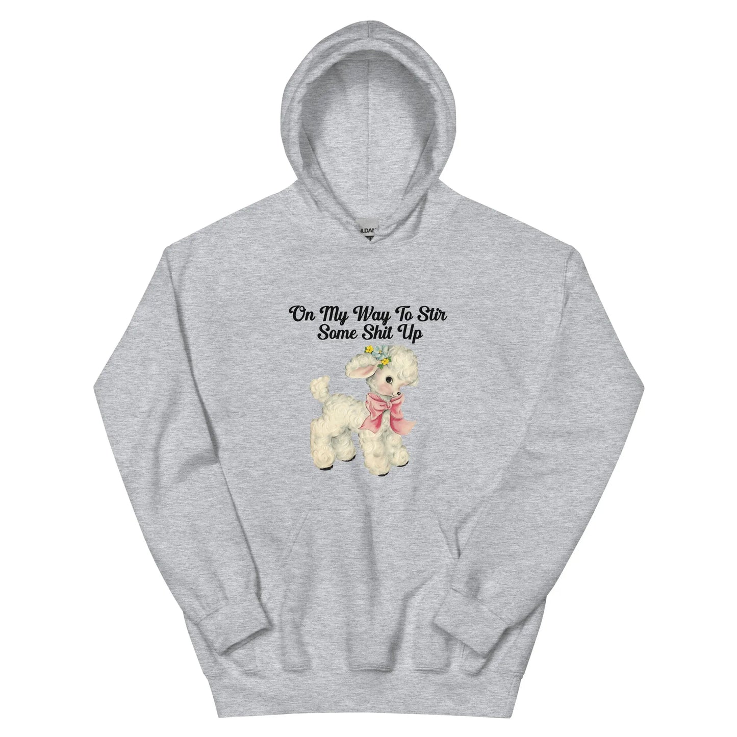 Heather gray hoodie with a cute cartoon lamb with text that says, "on my way to stir some shit up." Cute & sassy graphic design, Rebel Girl Rampage 