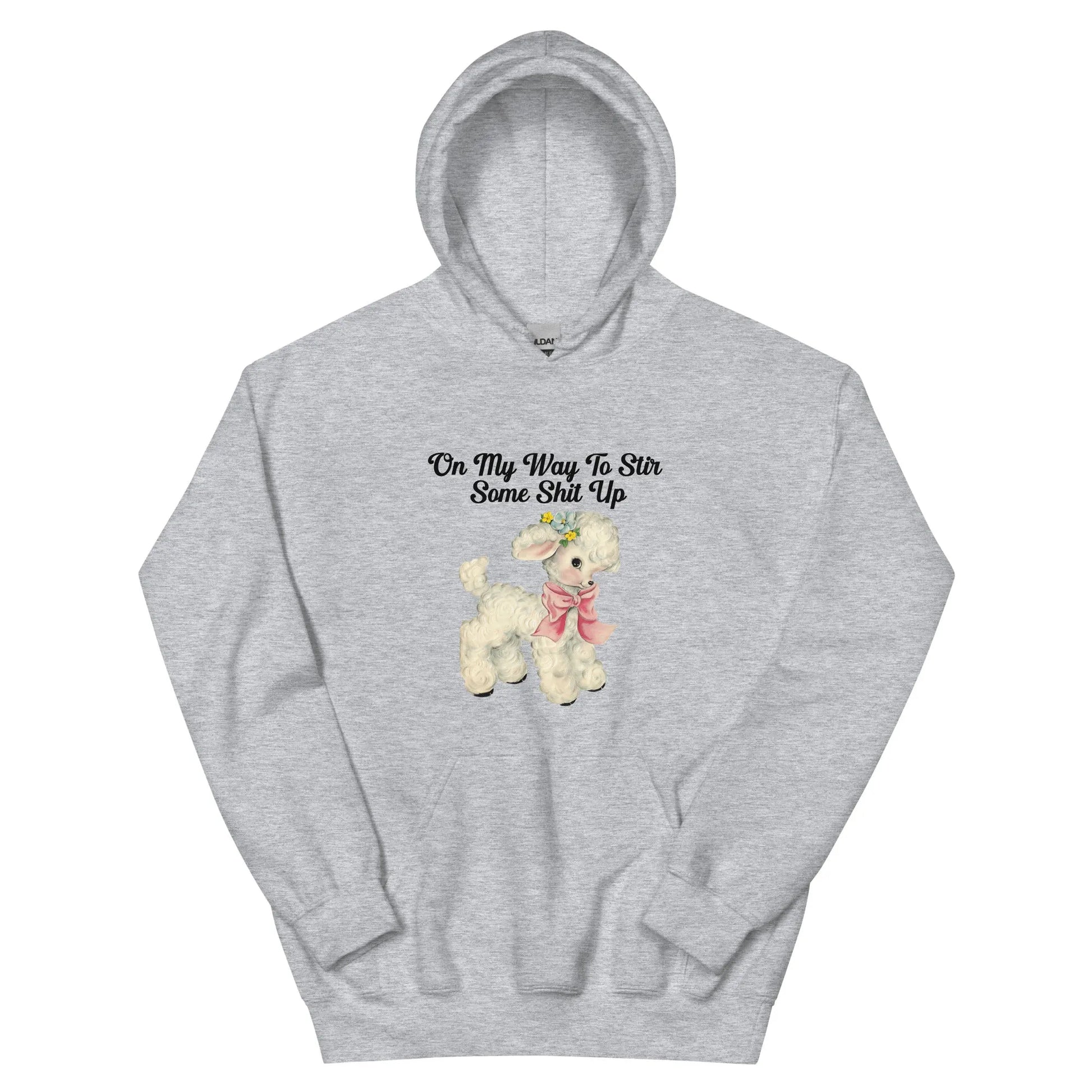 Heather gray hoodie with a cute cartoon lamb with text that says, "on my way to stir some shit up." Cute & sassy graphic design, Rebel Girl Rampage 