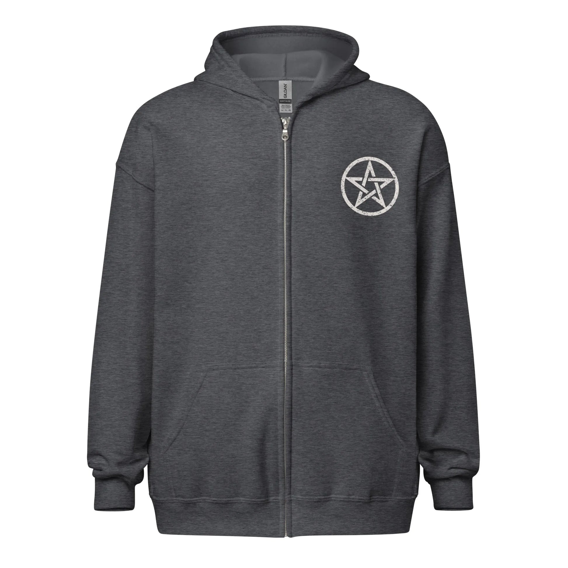 Salem University White Star Graphic on a Grey Zip Up Hoodie, Rebel Girl Rampage, witchy vibes perfect for halloween.